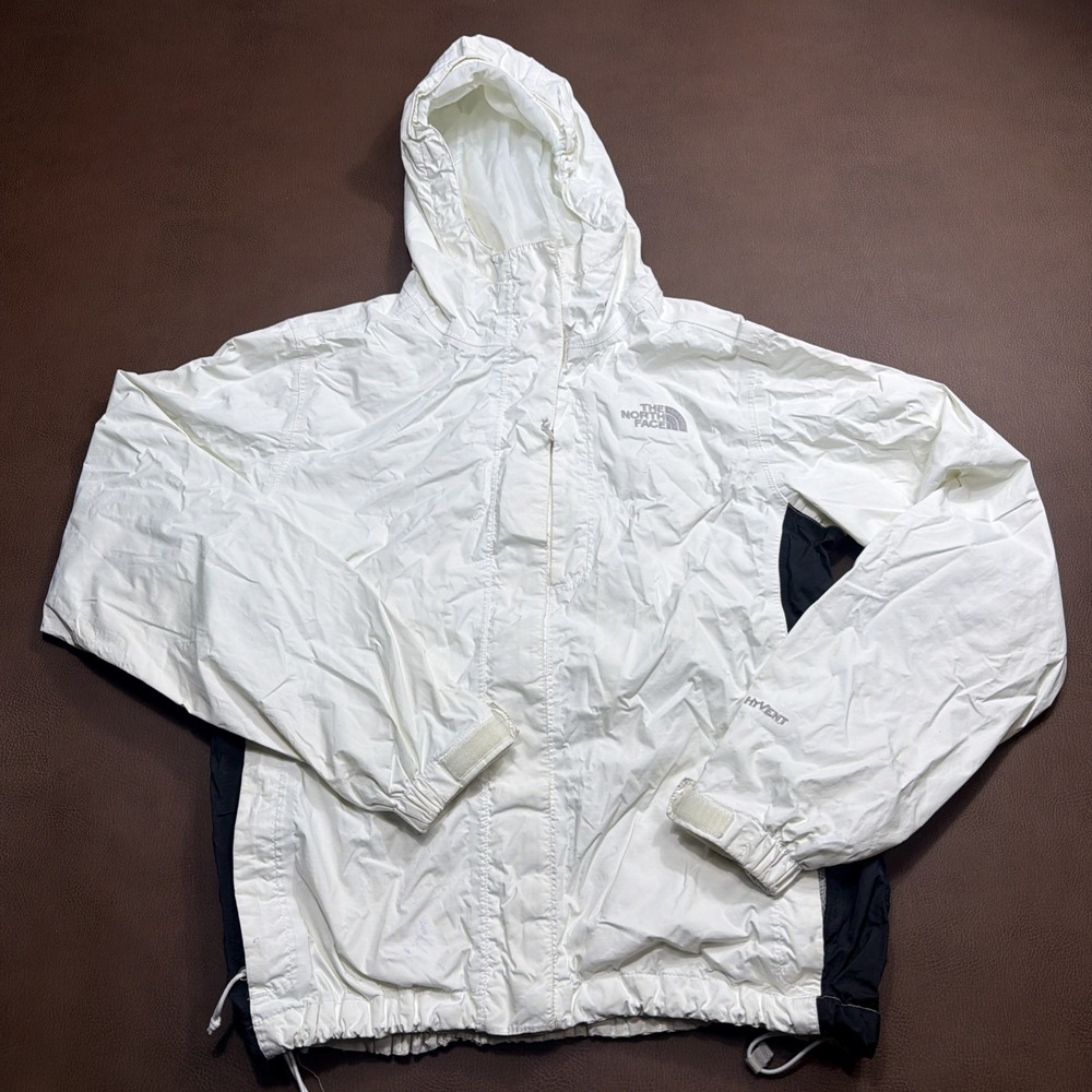 North Face HyVent Rain M Jacket Women's Small S White Hooded Nylon Shell Flaws**